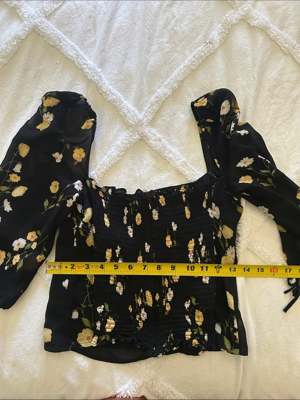 Reformation Black Floral Square-Neck Puff Sleeve Blouse